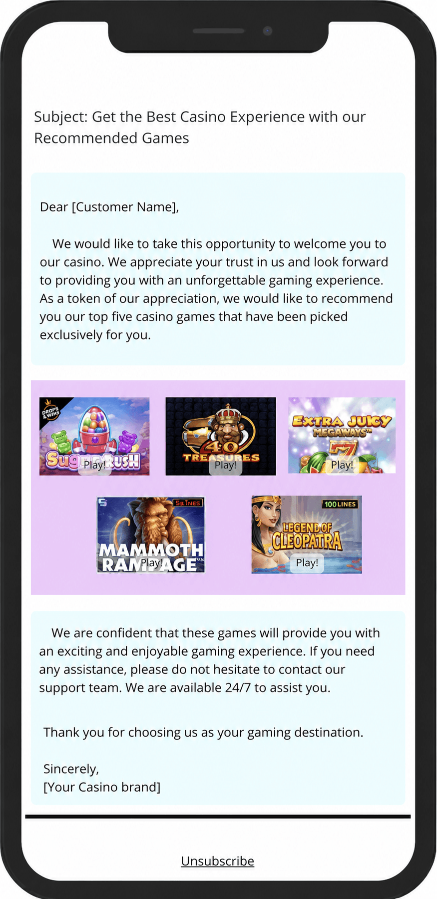 Personalized casino recommendation email displayed on a phone