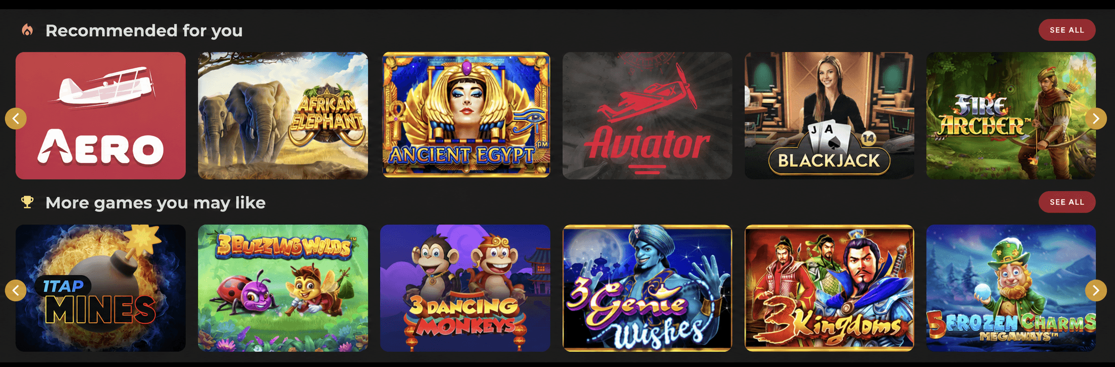 Personalized casino lobby with recommended game rows